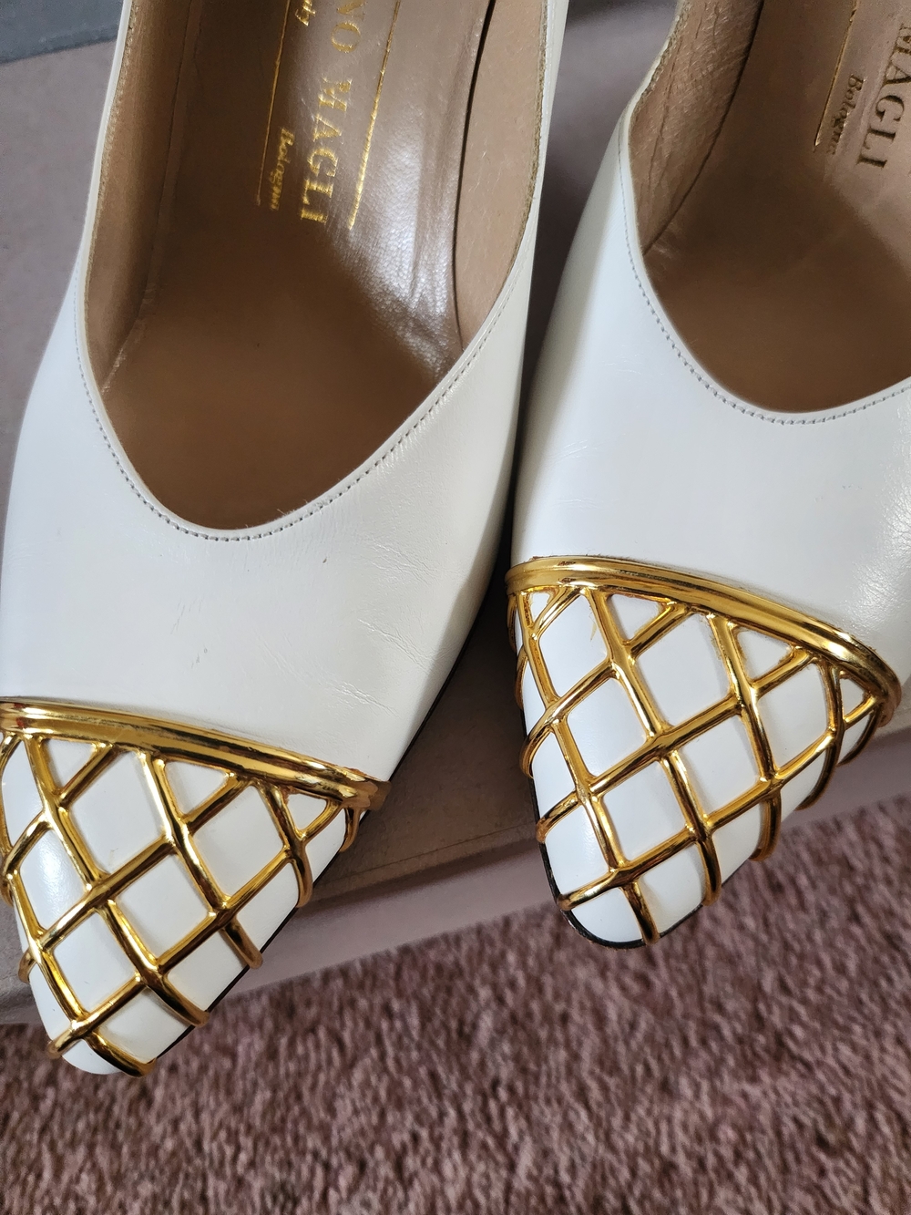 White Leather Pointed Toe Pumps with Gold Lattice Accent